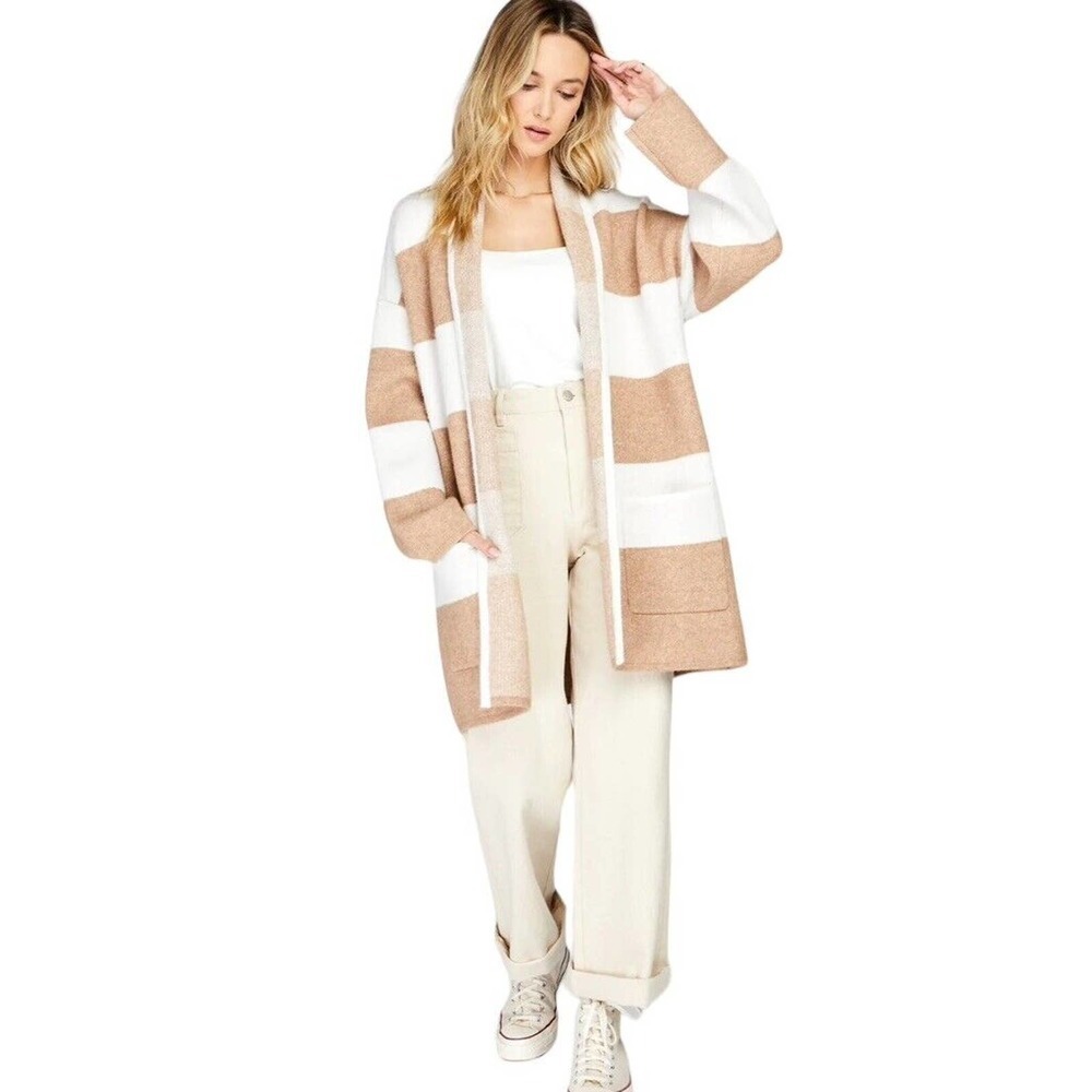 Gentle Fawn Mallory Open Front‎ Long Cardigan Sweater Sz Large Stripe Beige Cozy